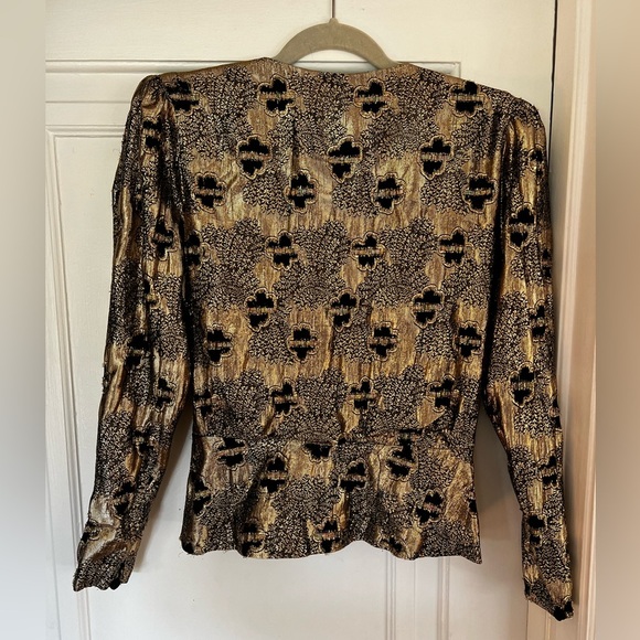 Vintage Gold Metallic Brocade Size M Evening Blouse Black Bow 80s Cocktail Top - Picture 10 of 10